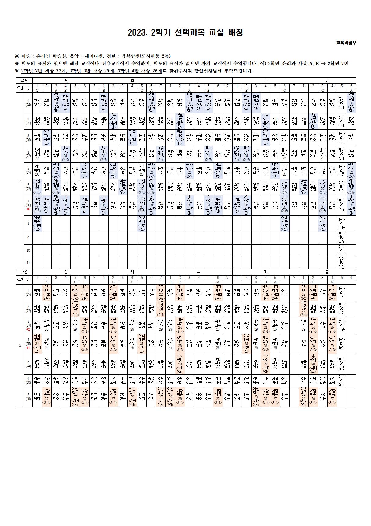 2023. 2학기 선택과목 교실배정표(교육과정부)001