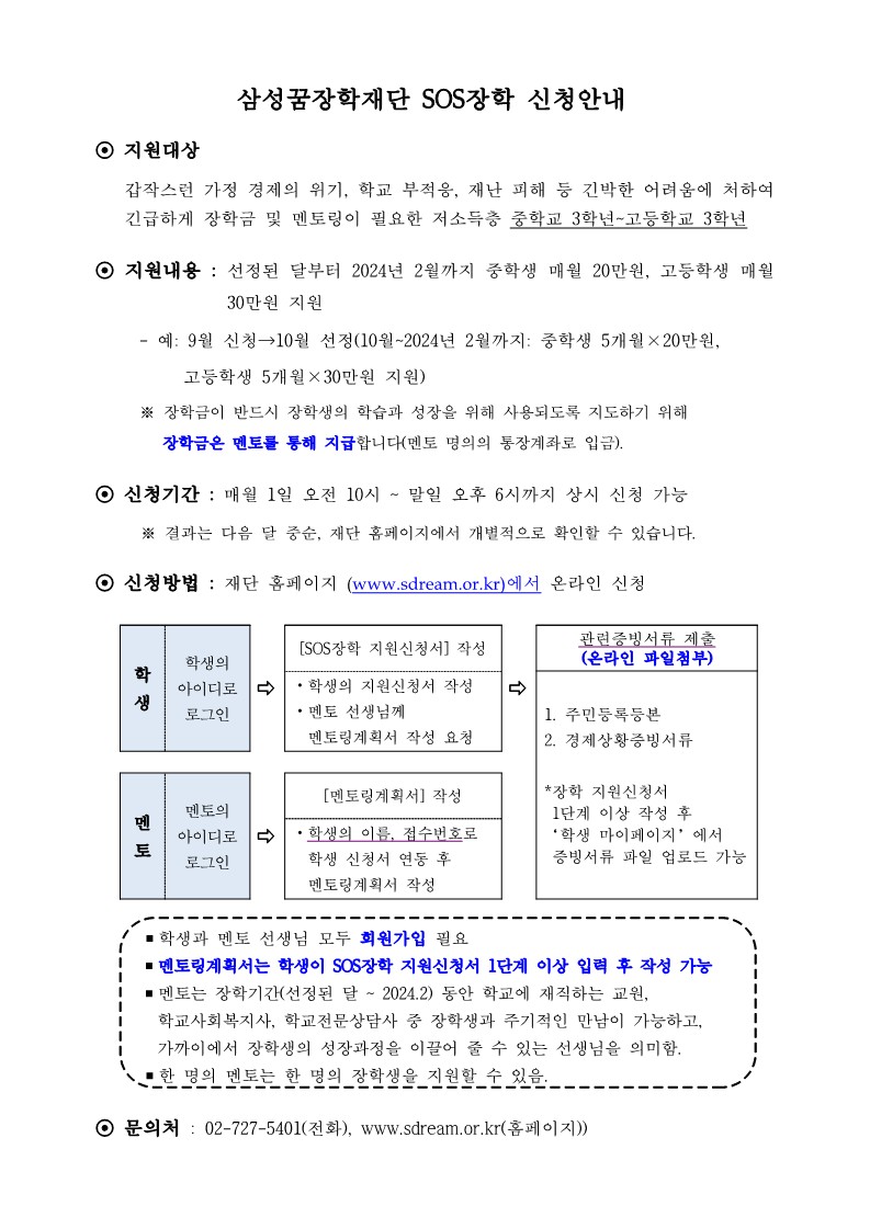 (붙임)삼성꿈장학재단 SOS장학 신청 안내_1